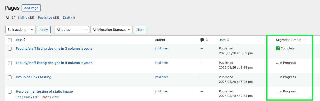 A WordPress page list with a new column titled "Migration Status." The status of each page is highlighted in green, denoting either "Completed" or "In Progress." 